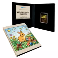 Velikonoční zajíček, pamětní mince v podobě cihličky z ryzího zlata.